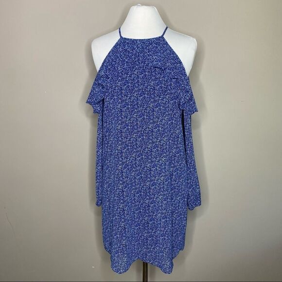 MICHAEL KORS Blue Floral Print Ruffle Trim Cold Shoulder Poly Chiffon Dress - Picture 4 of 12